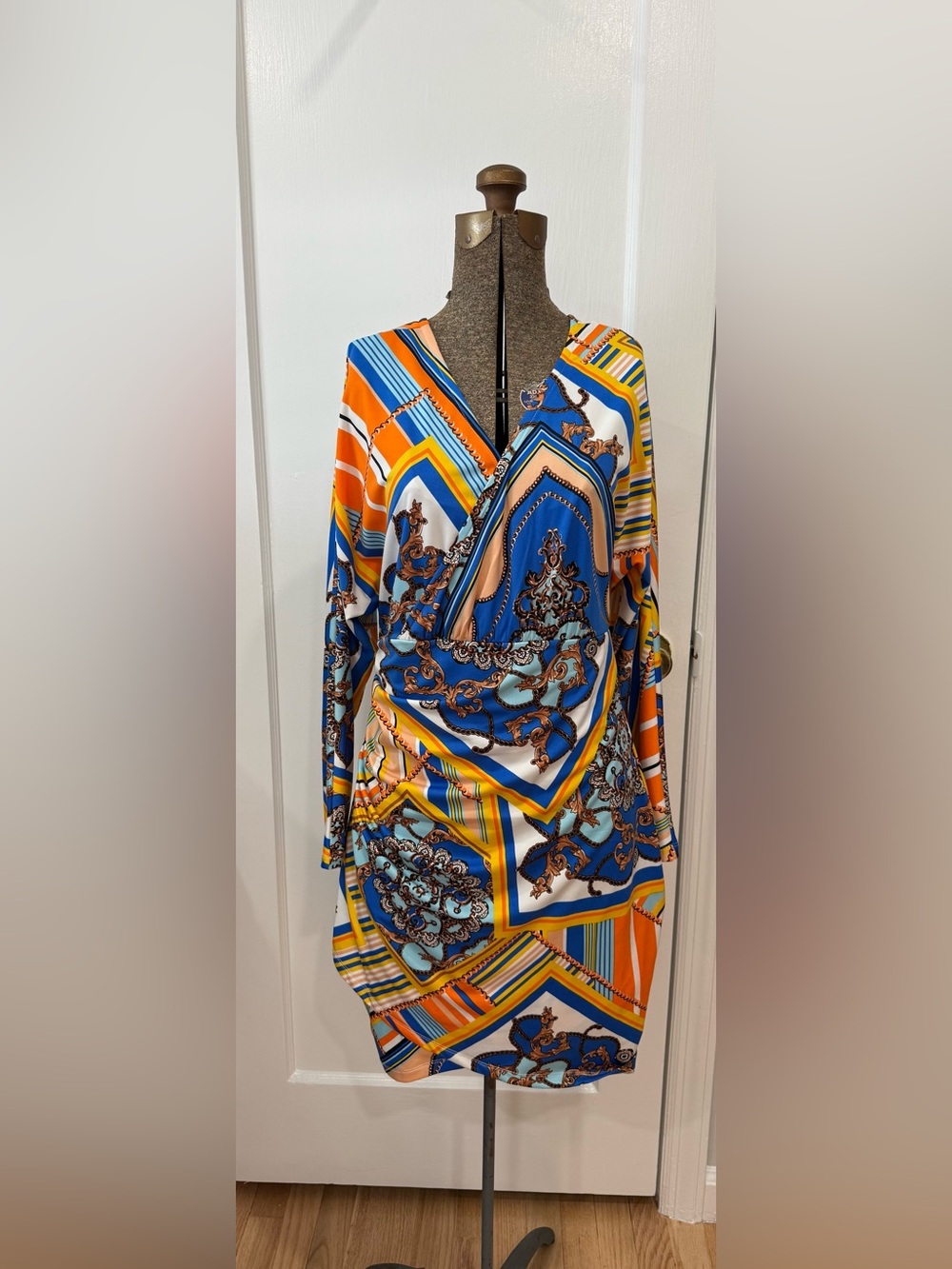 VENUS Blue and Orange Geo-Print Wrap Dress